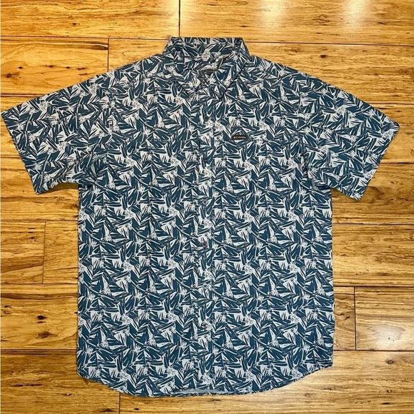 Columbia Men’s Button Down Short Sleeve Shirt Blue Green Tropical Print Sz M - Picture 2 of 8